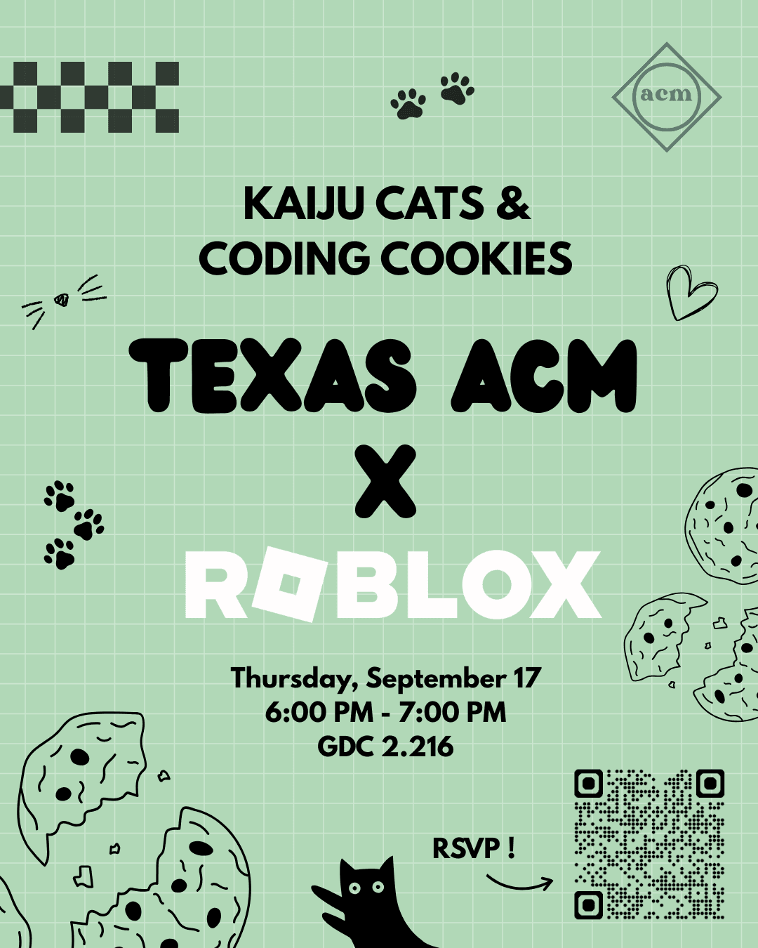 Texas ACM x Roblox: Kaiju Cats & Coding Cookies event flyer